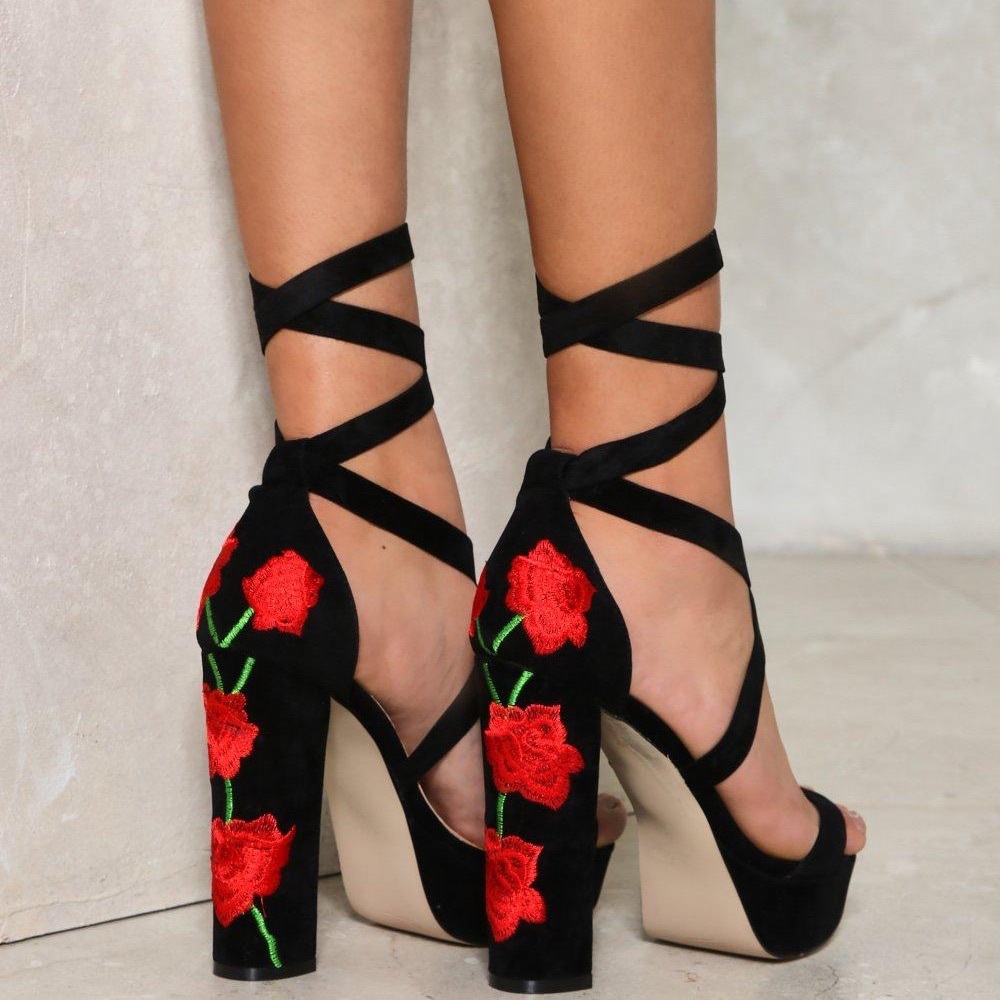Nasty Gal Pretty Red Rose Floral Block Heels